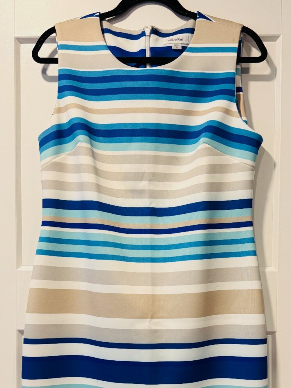 Calvin Klein Blue, Teal & Tan Stripe Sleeveless Stretch Zipper Back Dress